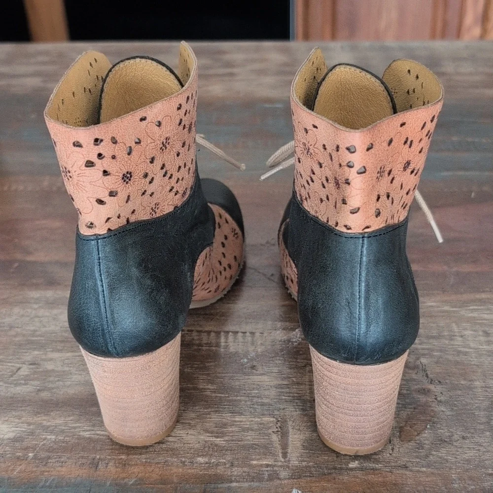 Brako Floral Perforated Tan & Black Leather Heeled Ankle Boots - Women's 38/7.5